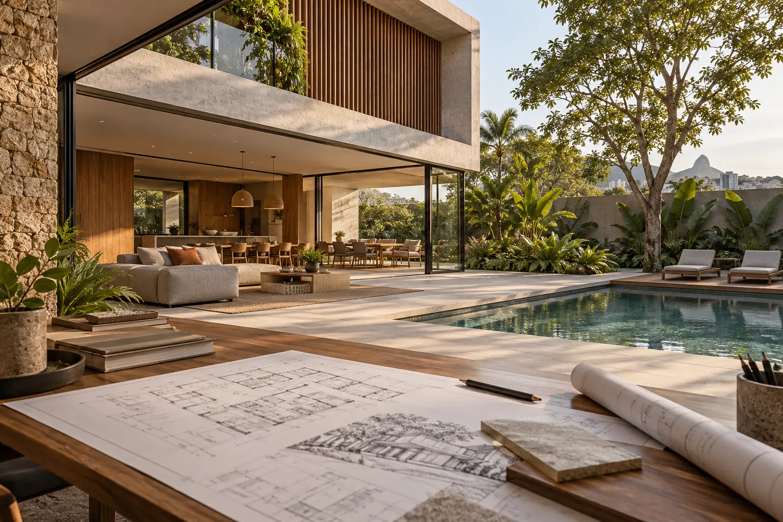 Projeto de arquitetura residencial com integração entre ambientes e paisagismo