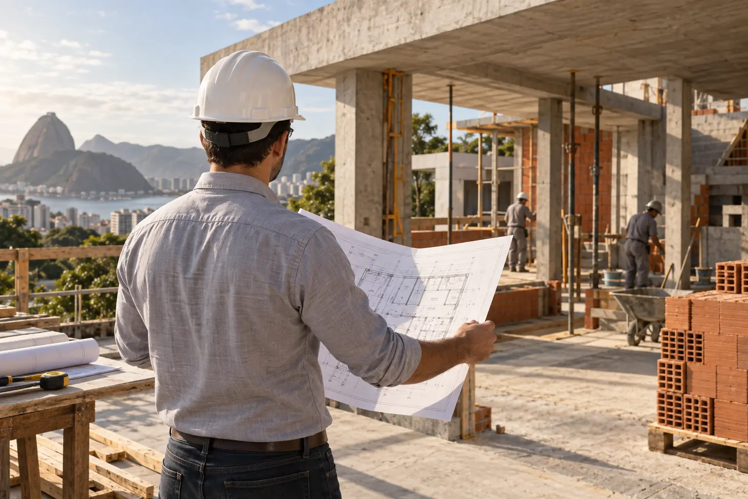 Engenheiro realizando acompanhamento técnico de obra