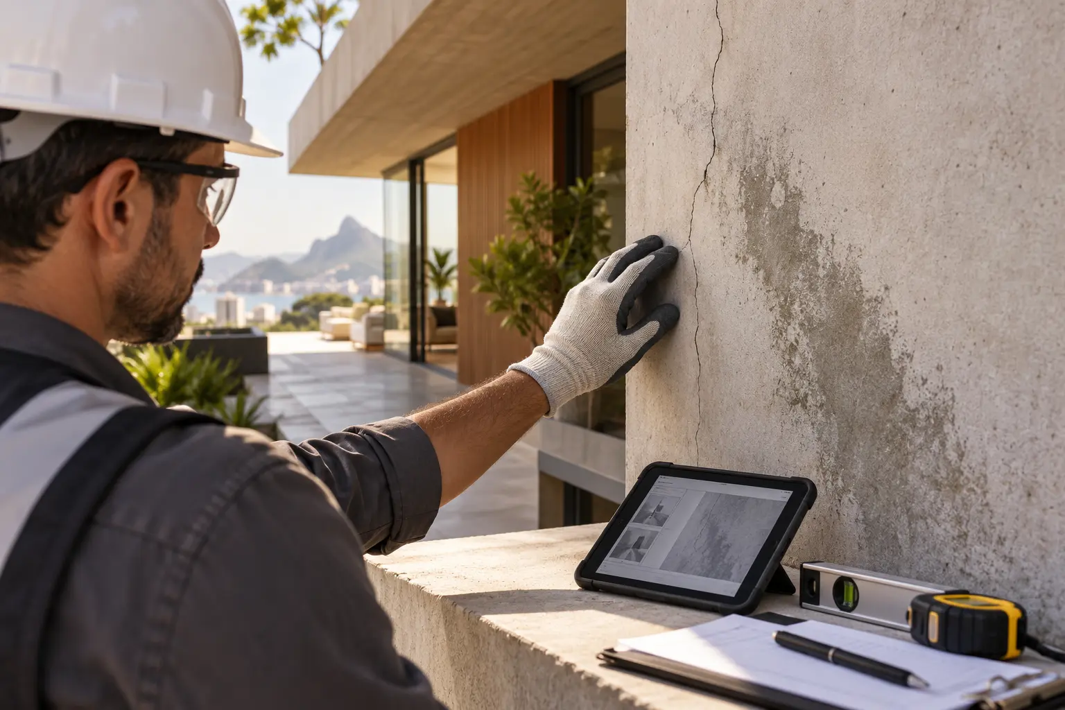 Profissional realizando inspeção técnica em uma edificação