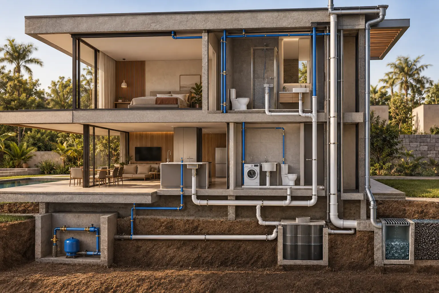 Visualização das instalações hidrossanitárias de uma residência